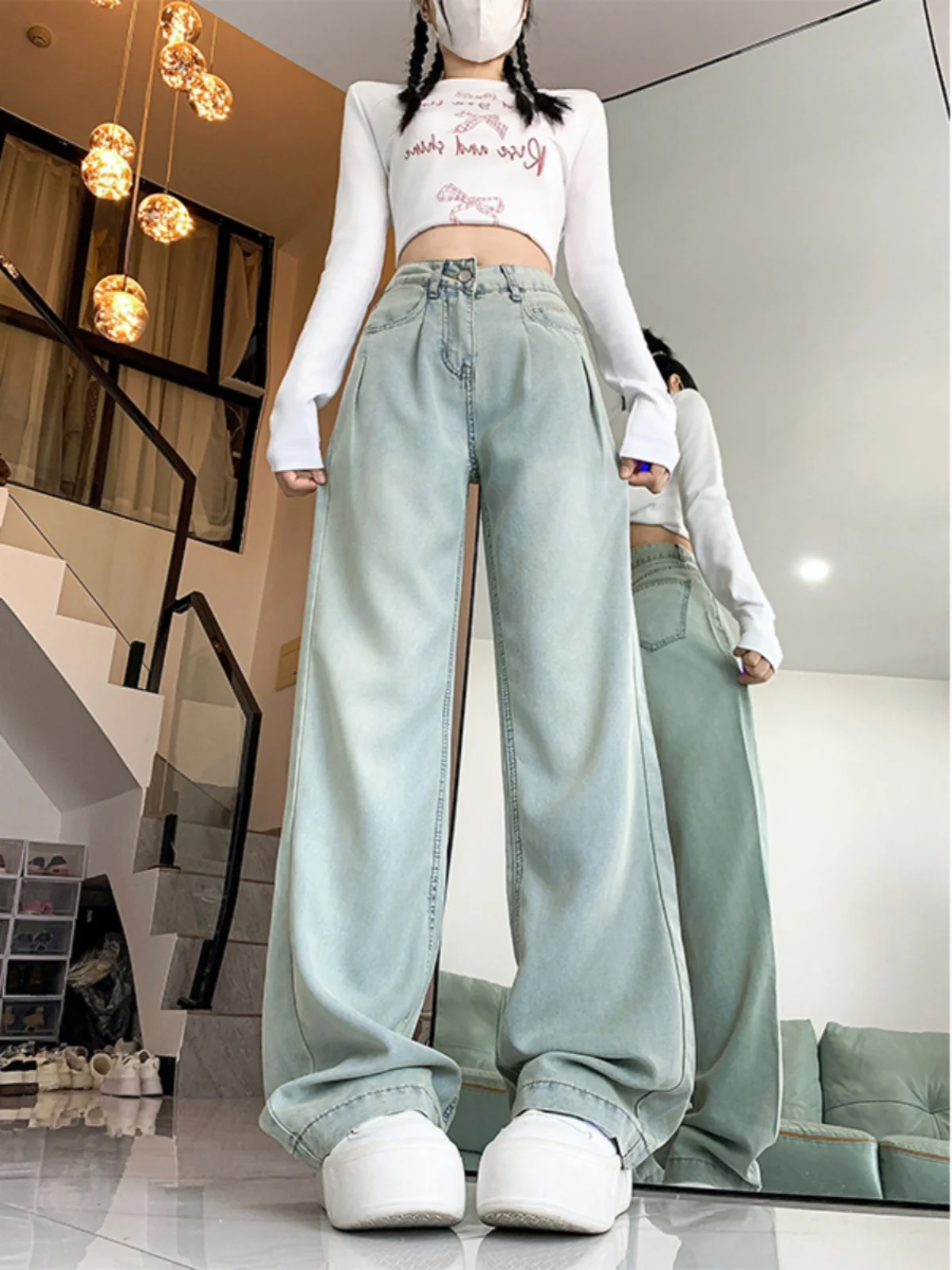 plus Size High Waist Loose Fit Denim Jeans Women's Autumn New Sle Pear ape Body Slimming Wide Leg Floor-Length Pants
