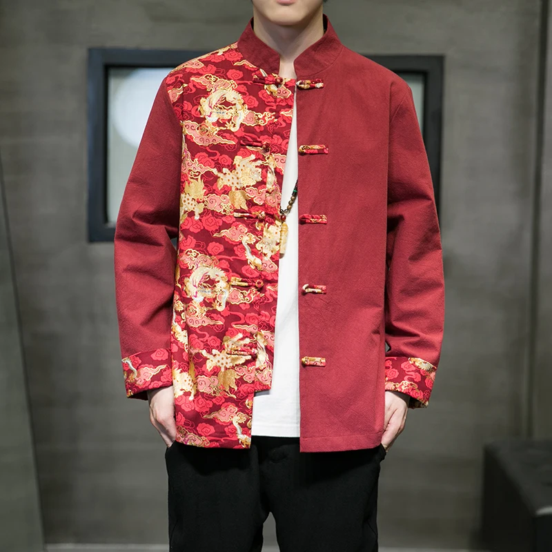 

Loose Large Size Men's Jaet Tang Costume Hanfu Linen Retro Color Blo Stand Collar Top Spring Autumn Chinese Sle Youth F...