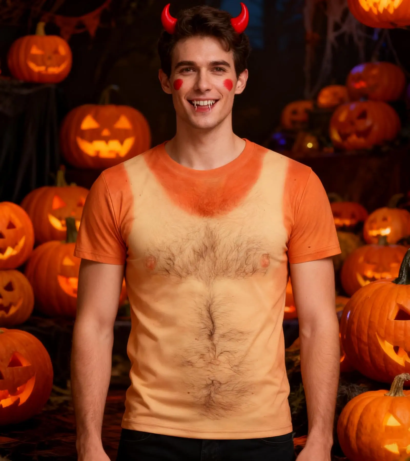 Halloween Devil Style 3D T-Shirt  Men Realistic Fake Chest Hair Print Funny Short Sleeve Crew Neck Tops Theme Party Prank Wear