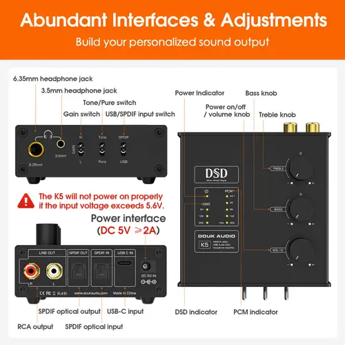 Imagen 2 del producto Douk Audio K5 USB DAC amplificador de auriculares ESS9038Q2M convertidor óptico Digital a analógico DSD256 con conector para auriculares de 3,5mm