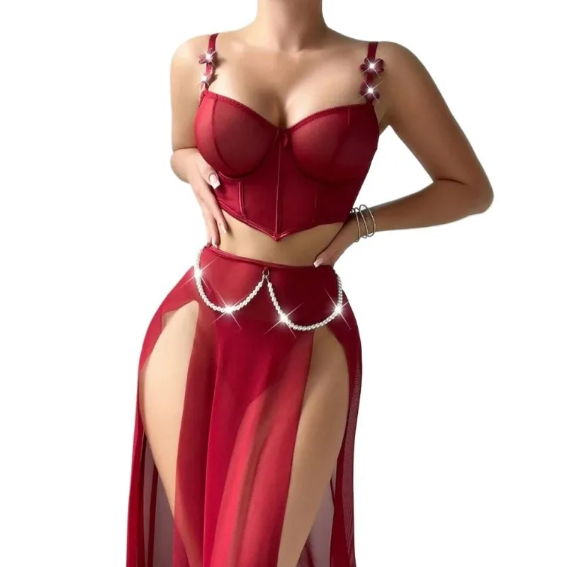 Women Sexy Lingerie Dress for Bow Knot Patchwork Mesh See-through Bra and Skirt…