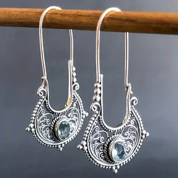 Caved Pattern With Zircon Decor Dangle Earrings Bohemian Ethnic Style Zinc Alloy Silver Plated Jewelry Tourism Souvenir