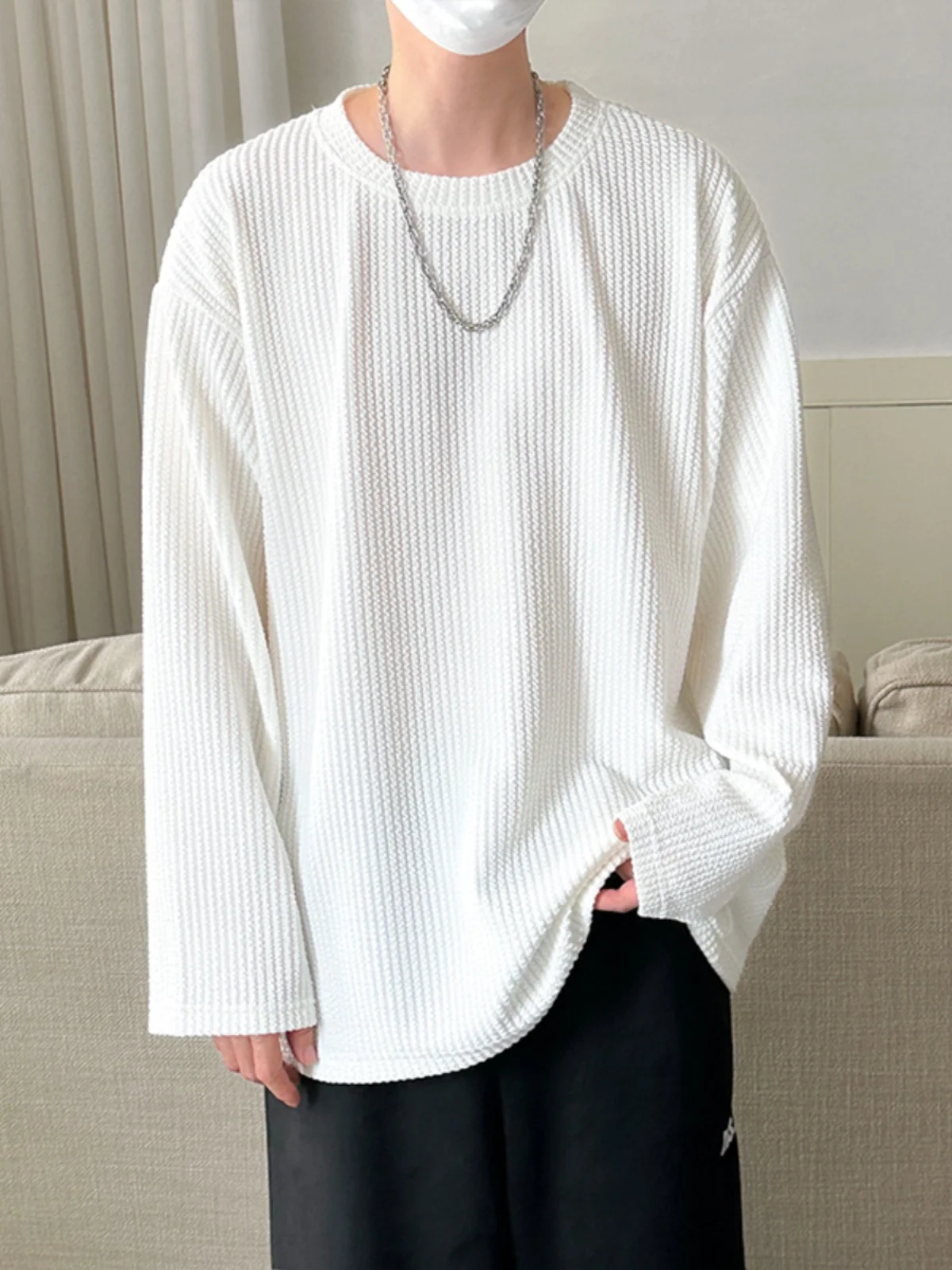 

Мужская футболка свободного кроя с длинным рукавом и круглым вырезом, текстурированная, комфортная, дышащая, модная, для осеннего сезона