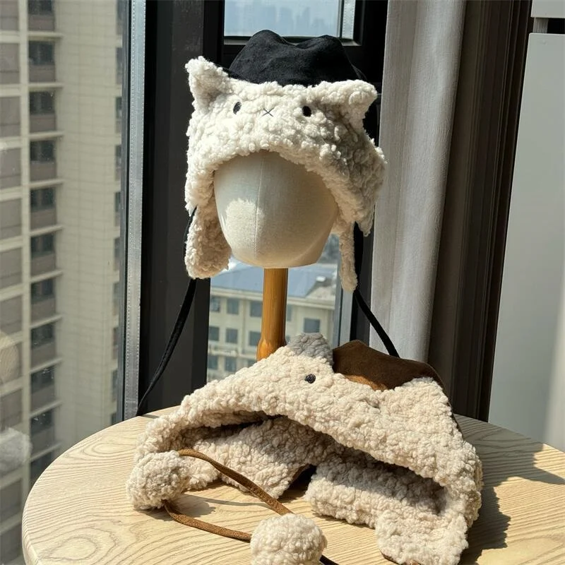 Cute Women’s Bunny Pom-Pom Lambswool Beanie with Ear Flaps—Warm, Thickened, Cold-Resistant Pullover Hat