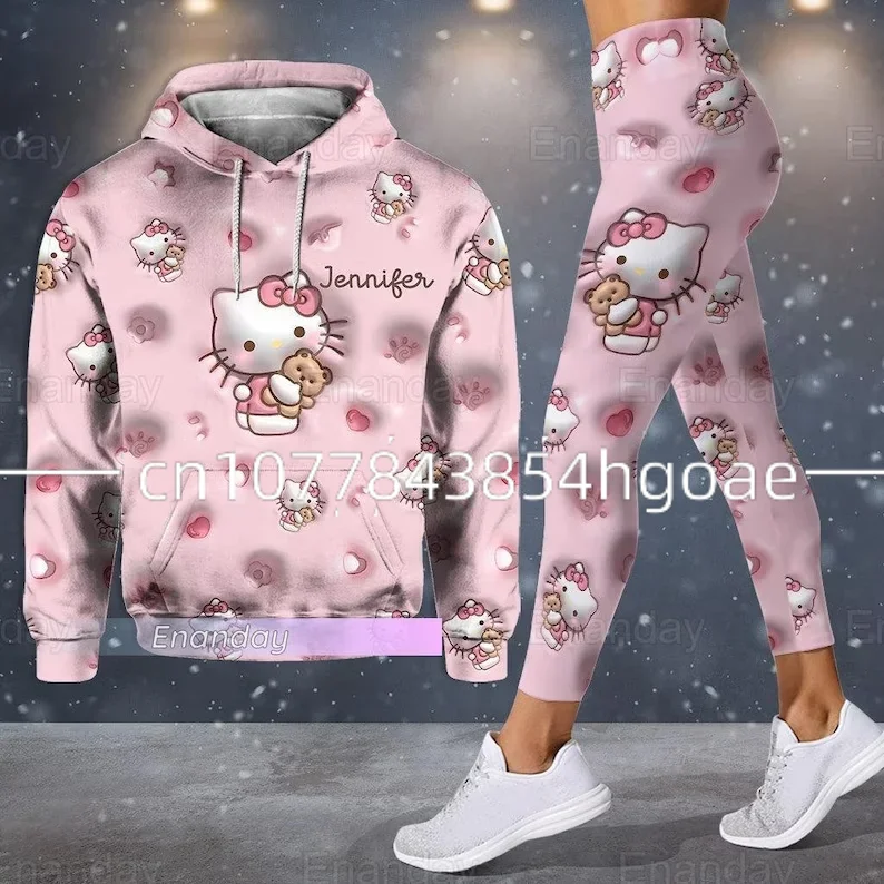 2024 New Hello Kitty 3D Hoodie Women\'s Hoodie Leggings Suit Stitch Yoga Pants Sweatpants Fashion Sports Suit Disney Yoga Suit