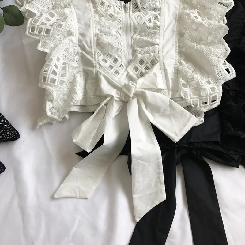 Women V-Neck Lace Hook Flowers Openwork Ruffled Vest Shirts High Waist Lace Up Pleated Blouses Bowtie Crop Tops Blusas Camisas