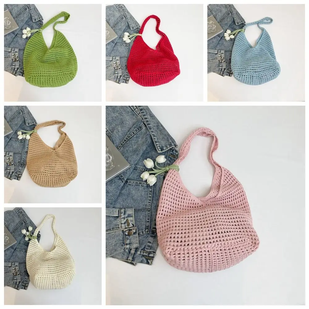 

Sweet Crochet Shoulder Bag Leisure Vacation Beach Hollow Handbag with Tulip Pendant Solid Color Woven Totes Bag Ladies/Girls