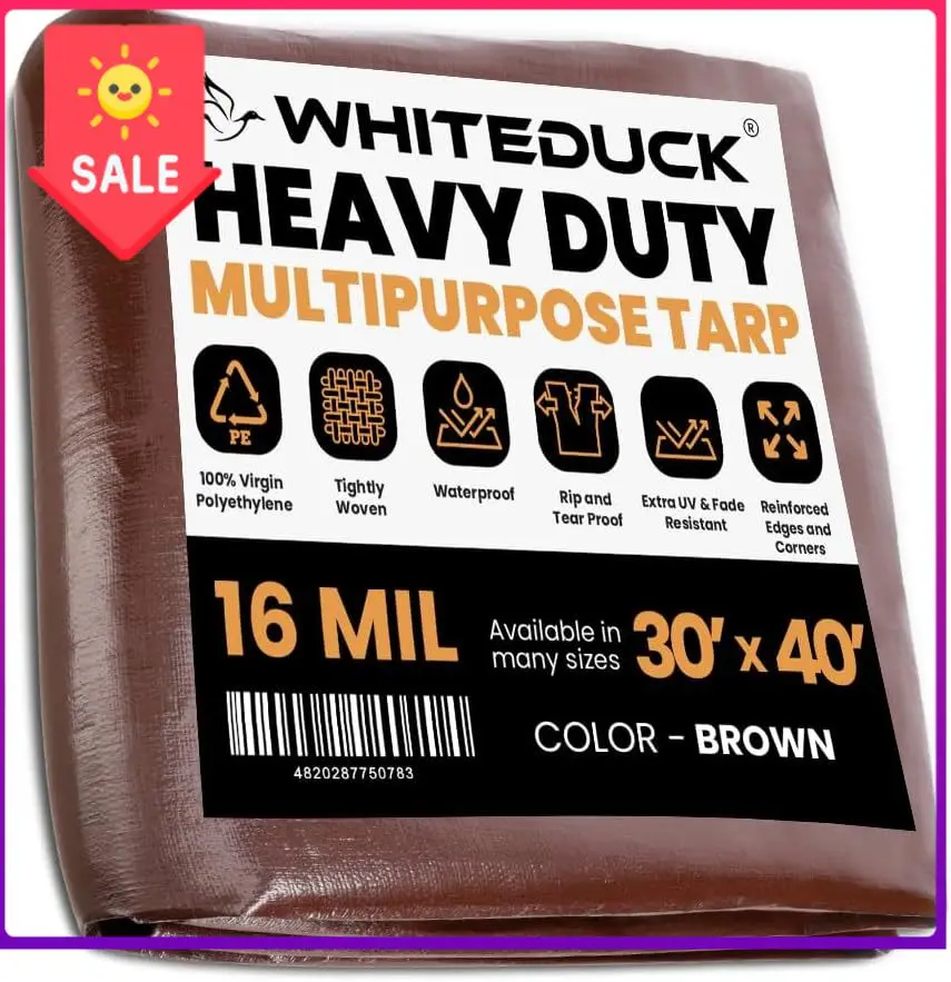 Super Heavy Duty Poly Tarp Cover 16 Mil & 10 Mil with Grommets and Reinforced Edges (Brown, White & Silver Black) (Brown- 16
