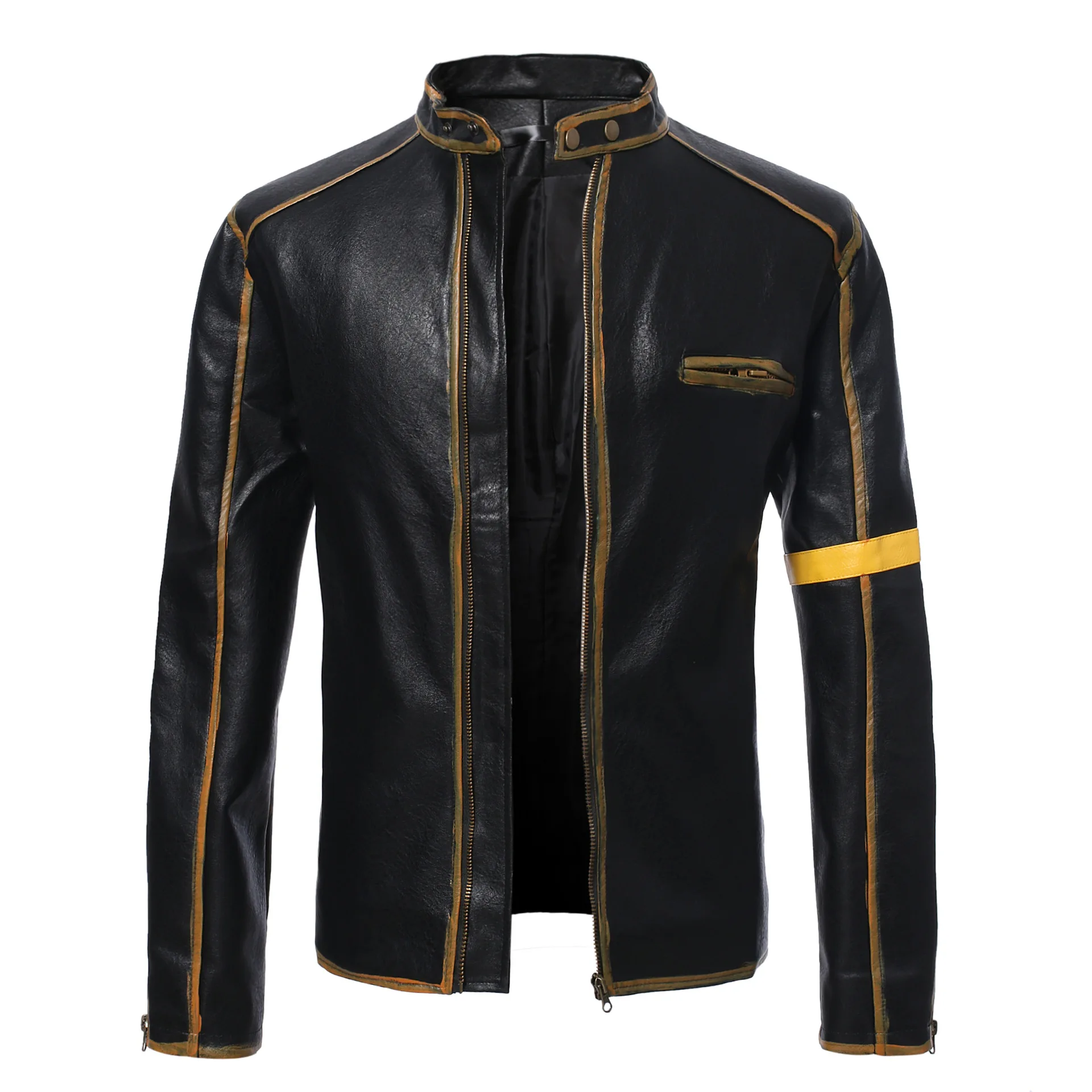 

Vintage Printed Long Sleeve Zipper Cardigan Leather Jacket Men Slim Stand Collar Motorcycle Jacket Autumn Winter Faux Coat Male