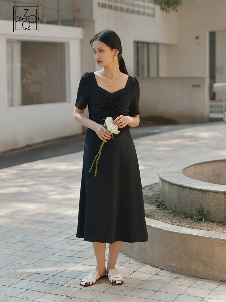 ZIQIAO Japanese Square Neck Three-dimensional Cut Bow Mid-Calf Dress Drape A-LINE Skirts Office Lady Solid Summer Long Dress