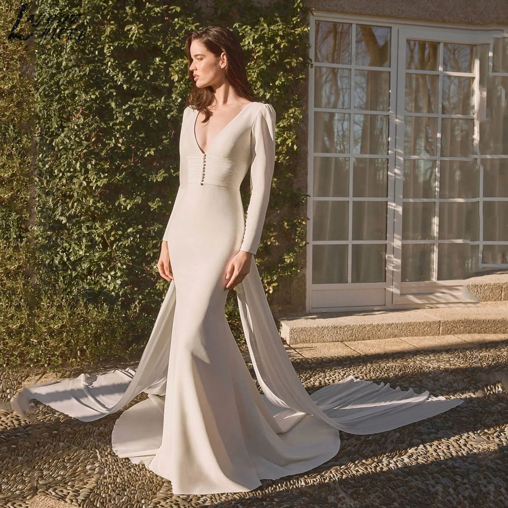 Minimalism Mermaid Soft Satin Wedding Dress Sexy V-neck Backless Bridal Gowns Long Sleeves Simple vestidos de novia Customized