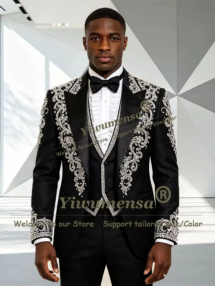 Luxury Men's Crystals Beading Slim Fit Tuxedo Single Breasted Groom Wedding Suit Customized Versatile Multi-Occasion Clothing