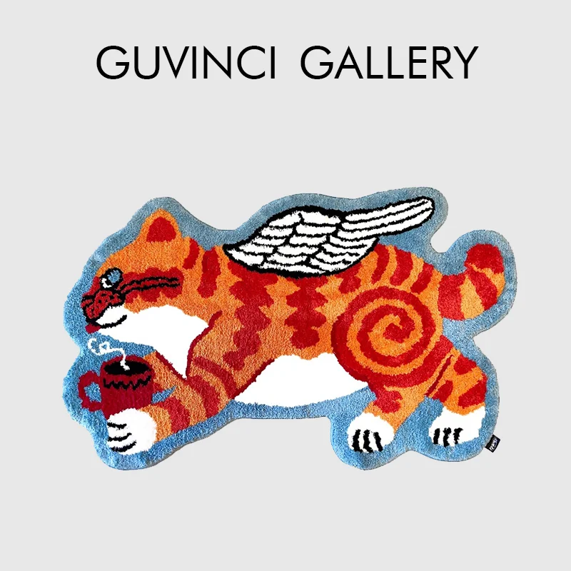 GUVINCI Original Design Mystical Flying Orange Cat Irregular Carpet Super Soft Tufting Area Rugs For Closet Bedside Living Room
