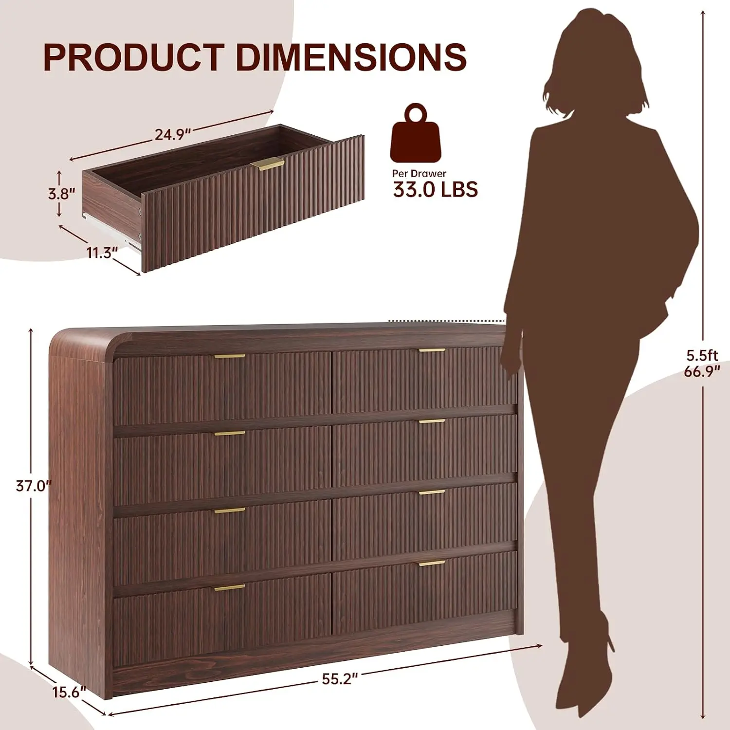 Fluted 8 Drawers Dresser, 55