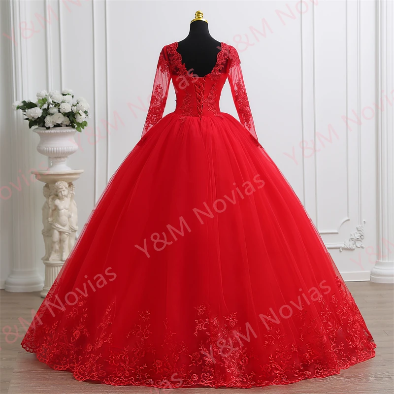 Y&M V Neck Full Sleeve Customize Plus Size Vestido De Noiva 2025 Wedding Dress Floor length Appliqes Bridal Tulle Mariage