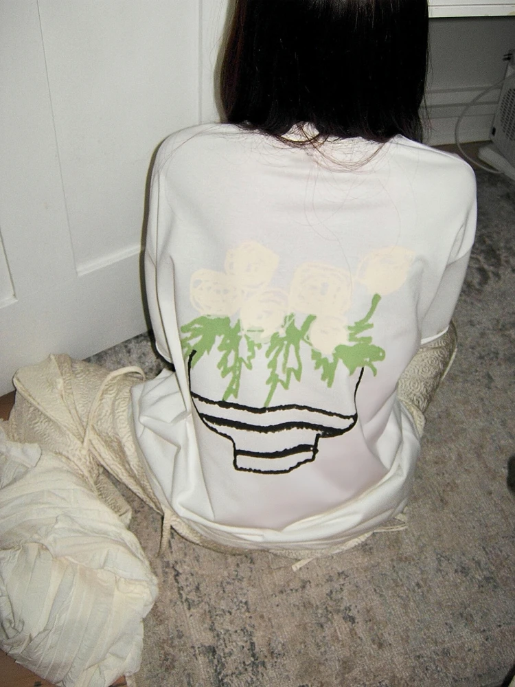 Sakura Leaf Hand-Drawn Flower Pot Loose Short-Sleeve T-Shirt Summer Casual Cotton Pure Lightweight Breathable Women's Top