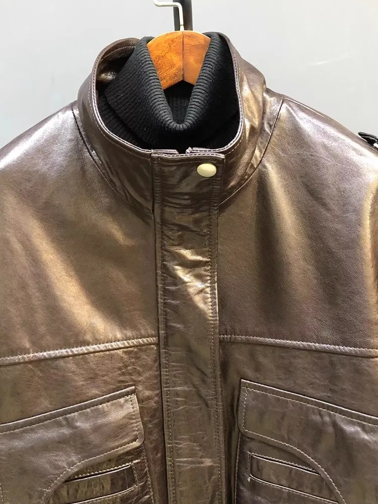 Vintage Women Loose Fit Casual Stand Collar Bomber Jacket Autumn Sheepskin Genuine Leather Jacket Motorcycle Biker Outwear Coat