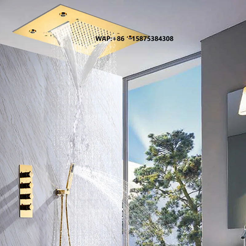 Brushed Gold Shower Set 20 Inch LED Shower Head Rain Music System Thermostatic Control Modern Design for Apartment Hotel