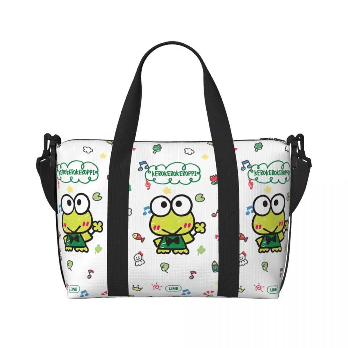 

Custom Keroppi Cartoon Beach Tote Bag for Women Extra Large Gym Carry On Adorable Green Frog Travel Shopping Bags