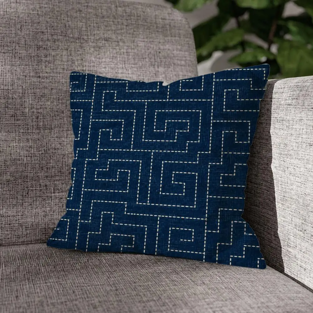 Sashiko Indigo Dye Textures Cushion Cover Linen Cushion Cover, Double-Sided Printed Pillow Cover for Sofa Home Decor
