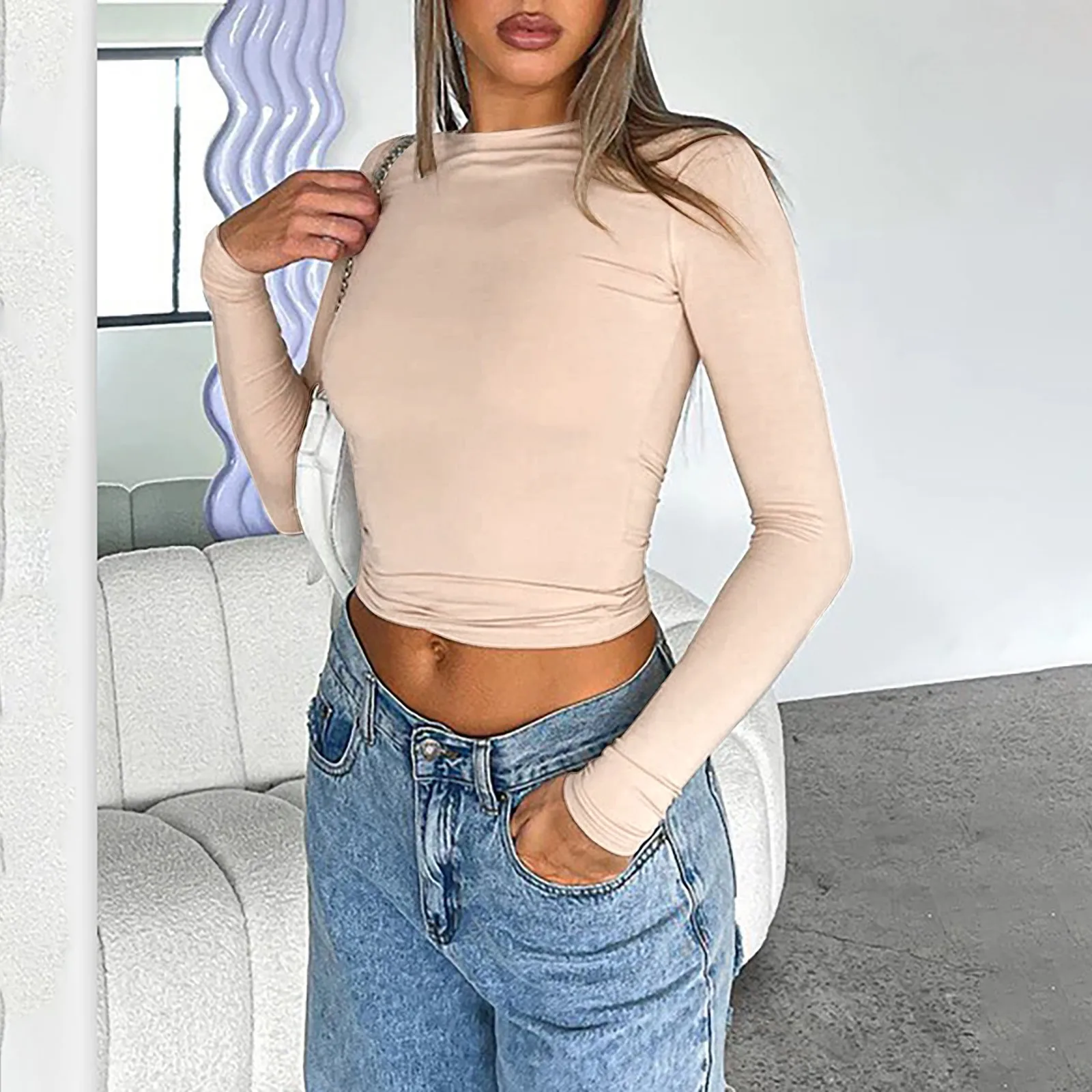 

Long Sleeve Y2K Slim Fit Shirt Women Casual Streetwear Basic Tee Fashion Cropped Tops O Neck Sexy Skinny Solid Ladies T Shirts