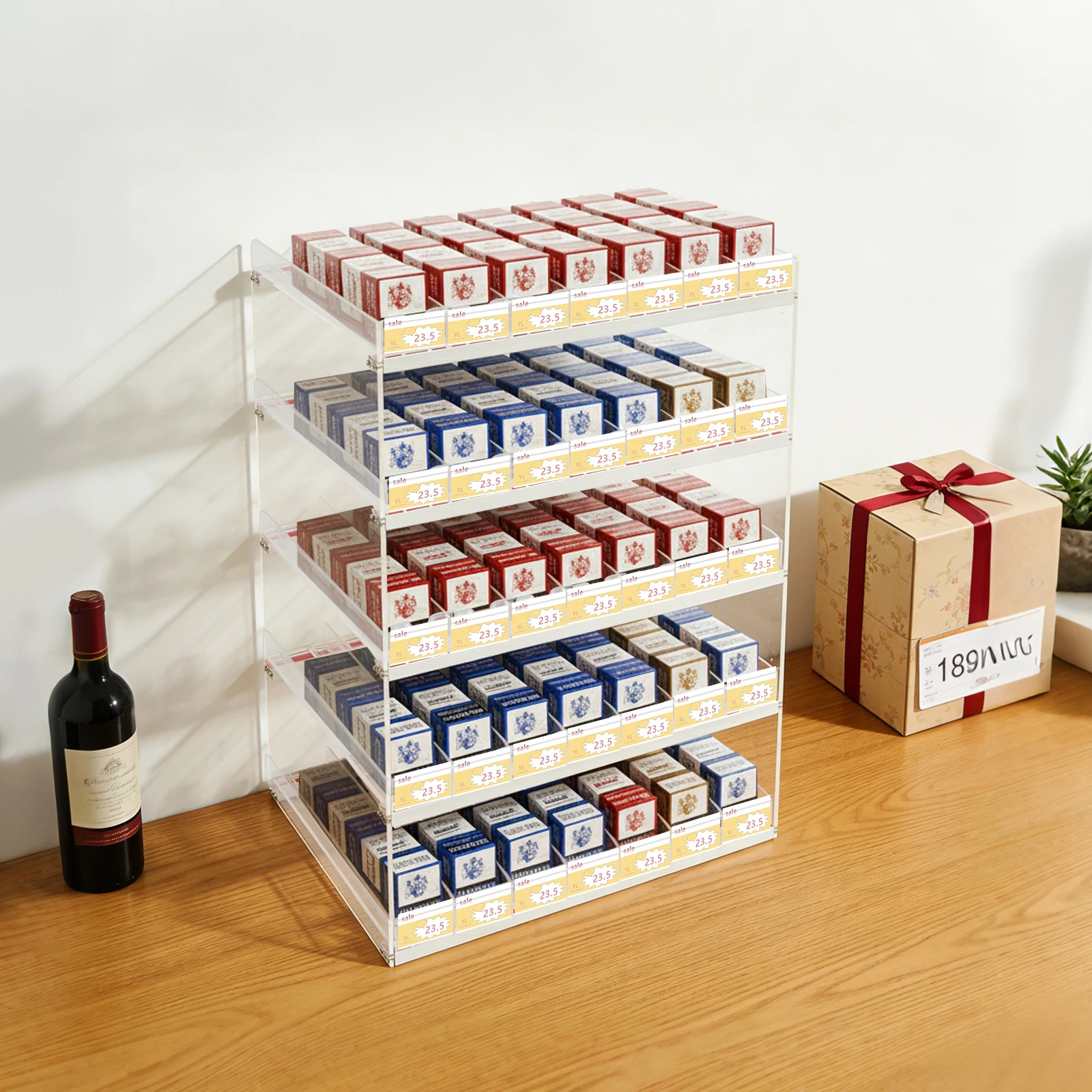 

5 Tiers Cigarette Display Rack Rack 7 Columns Wide, 10 Packs Deep, Wall Mounted Acrylic Cigarette Display Organizer, Clear Shelf Merchandiser Rack