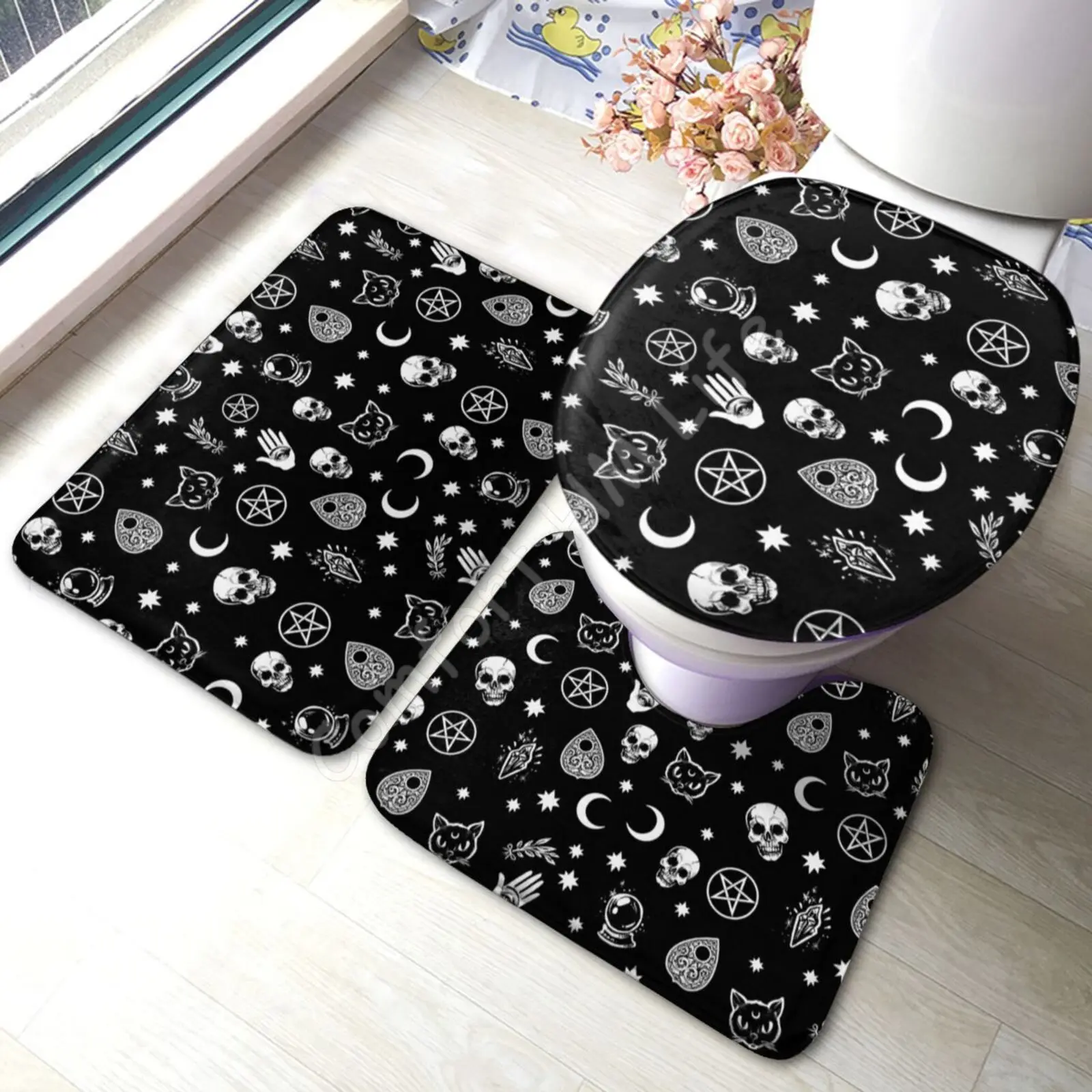 Black Witch Skull Moon Divination 3 Pcs Toilet Cover Non Slip Mat Bath Rugs Toilet Seat Bath Rug Accessories for Bathroom Decor