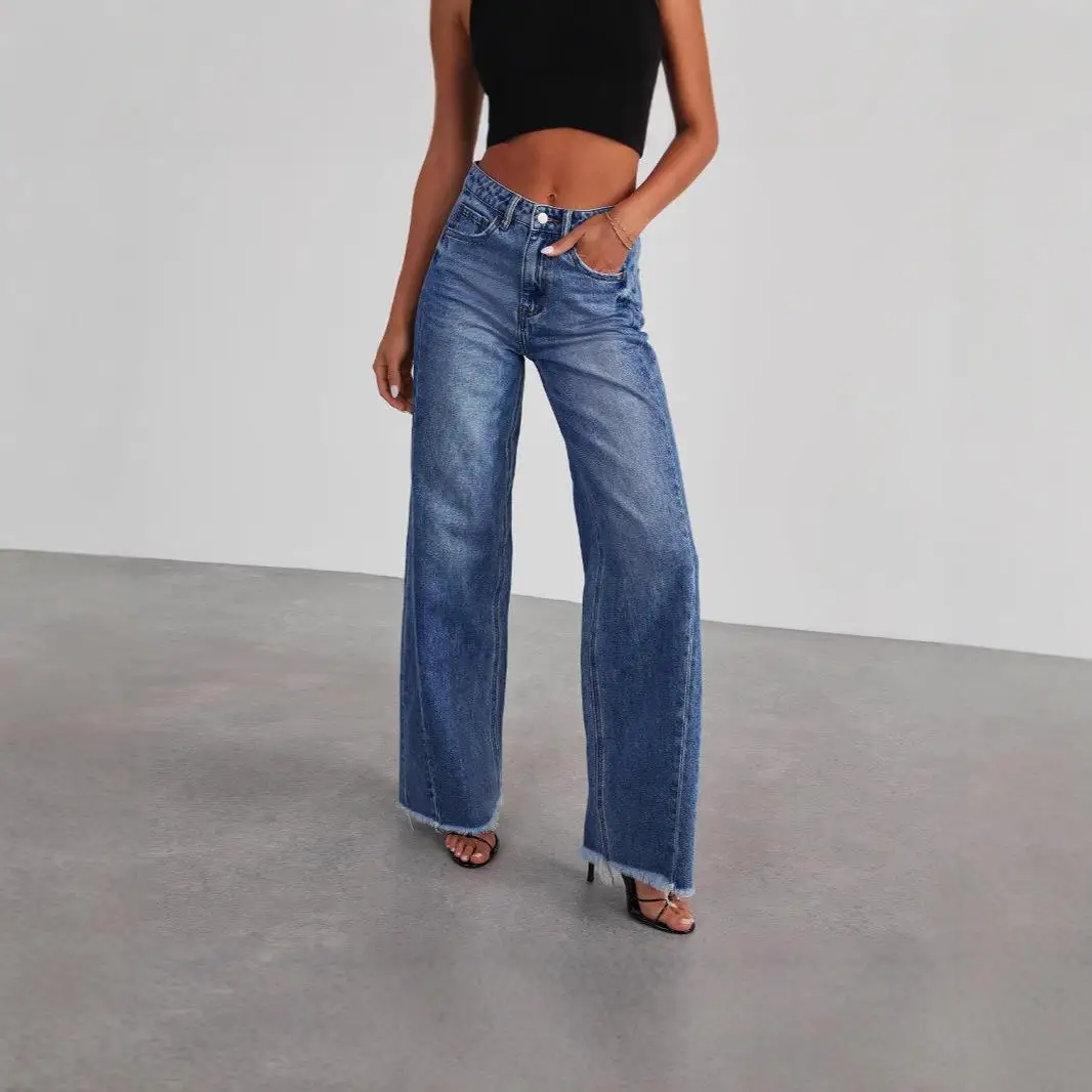 

Женские прямые широкие джинсы длиной до пола, хлопковые брюки с талией, черный цвет, весенний сезон, женские брюки