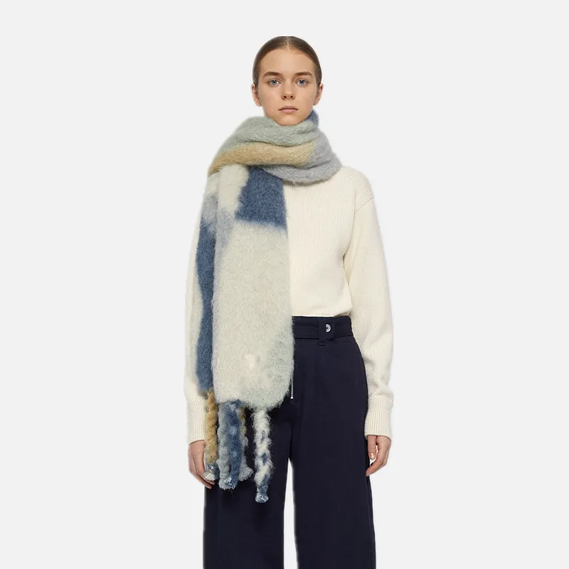 2025 شتاء جديد التجارة الخارجية قوس قزح حجم مخطط شرابة المرأة وشاح الاسلوب المناسب تقليد الكشمير الملونة مخطط وشاح