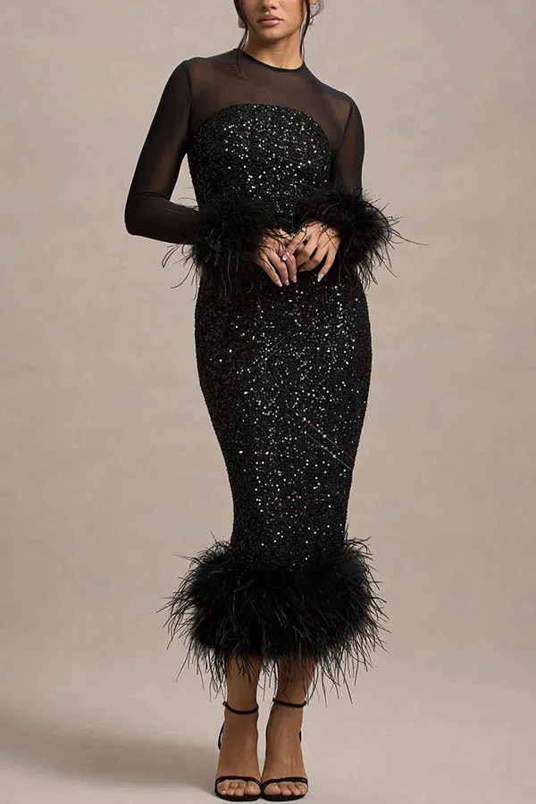 2022 herbst Und Winter Elegante Party Abendessen Kleid Modische Glänzende Mesh Spleißen Lange ärmeln Plüsch Dekorative Schlanke Lange Rock