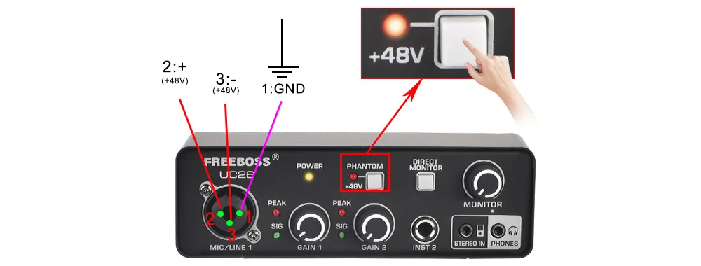 FREEBOSS Stereo Recording Audio Interface Guitar ASIO4ALL 3 Channels Input Monitor 48V External Usb Sound Card for Studio UC26
