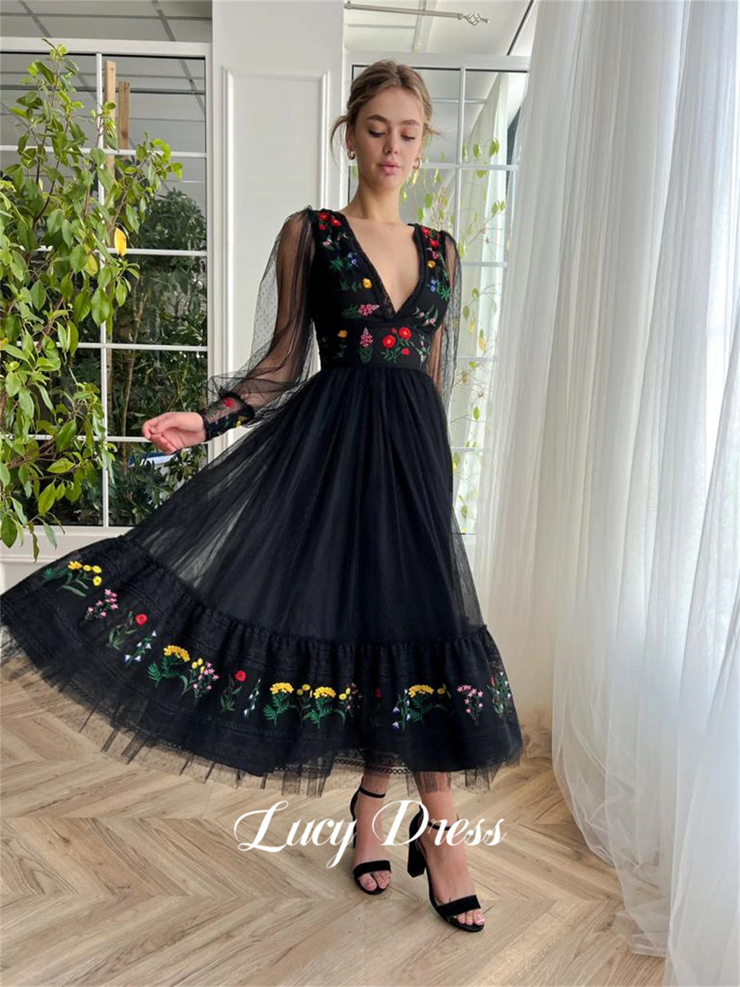 Lucy Prom Black Floral Embroidery Fabric Medium Length Party Dress Lace Cocktail Women\'s Evening Elegant Dresses Luxury Gown