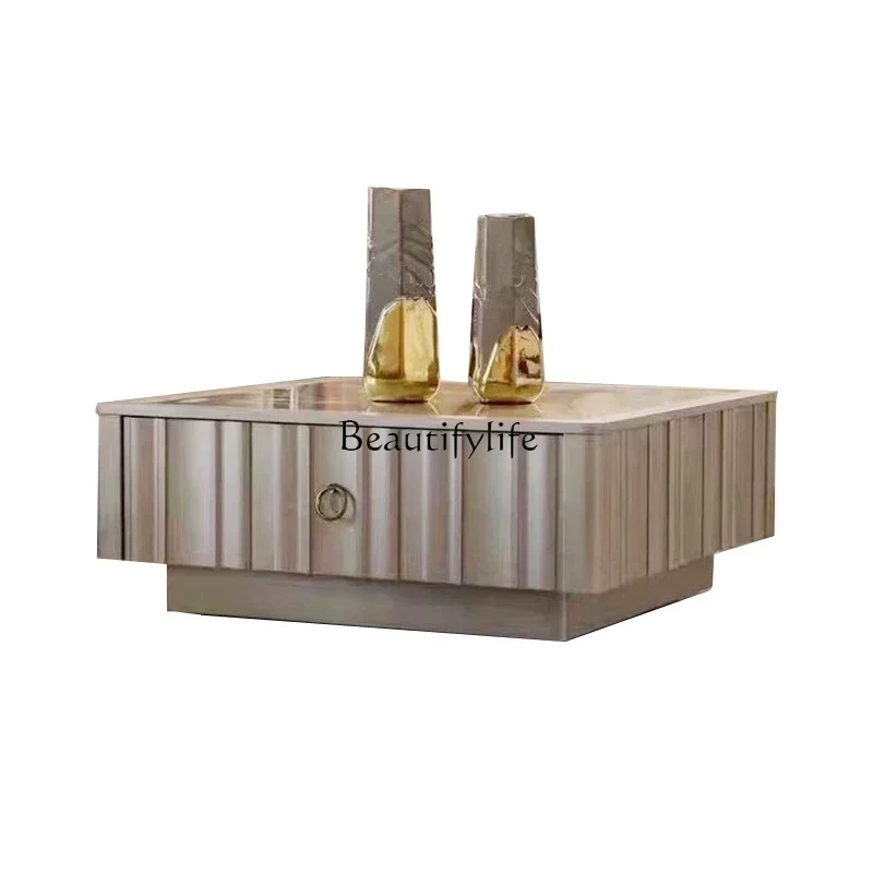 

American light luxury square coffee table a retro glass sofa gold foil coffee table