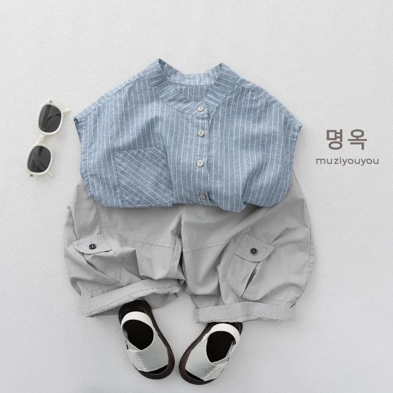 Childrens Striped Stand Up Collar Top 2026 New Style Sleeveless Shirt for Boys and Girls Breathable and Versatile