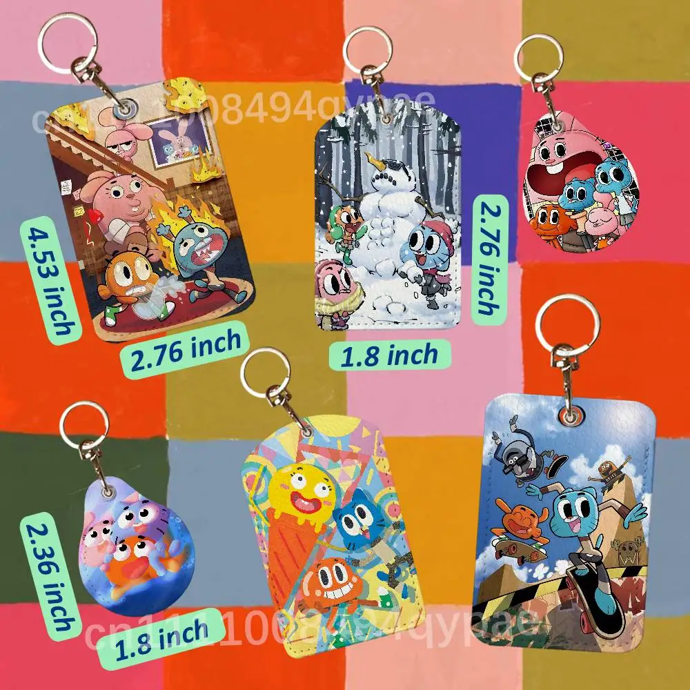 The A-Amazing World of Gumball 1PCS Leather Card Holder Keychain Door Lock Access Tags ID Card Case Access Card Bag Key Tag Ring