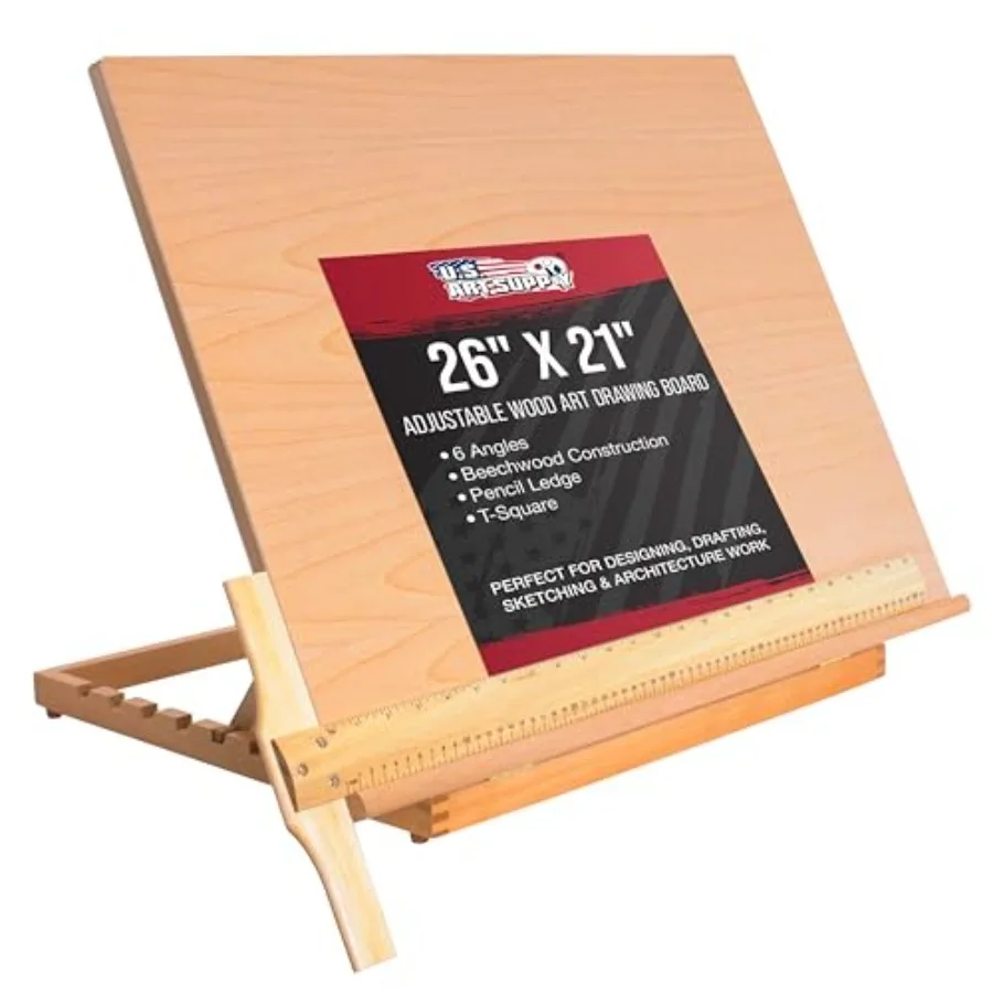 

X-Large 26" x 21" Wooden Drawing Board Adjustable Table Top Easel for Painting and Drawing - Drafting Board with T-Square Penci