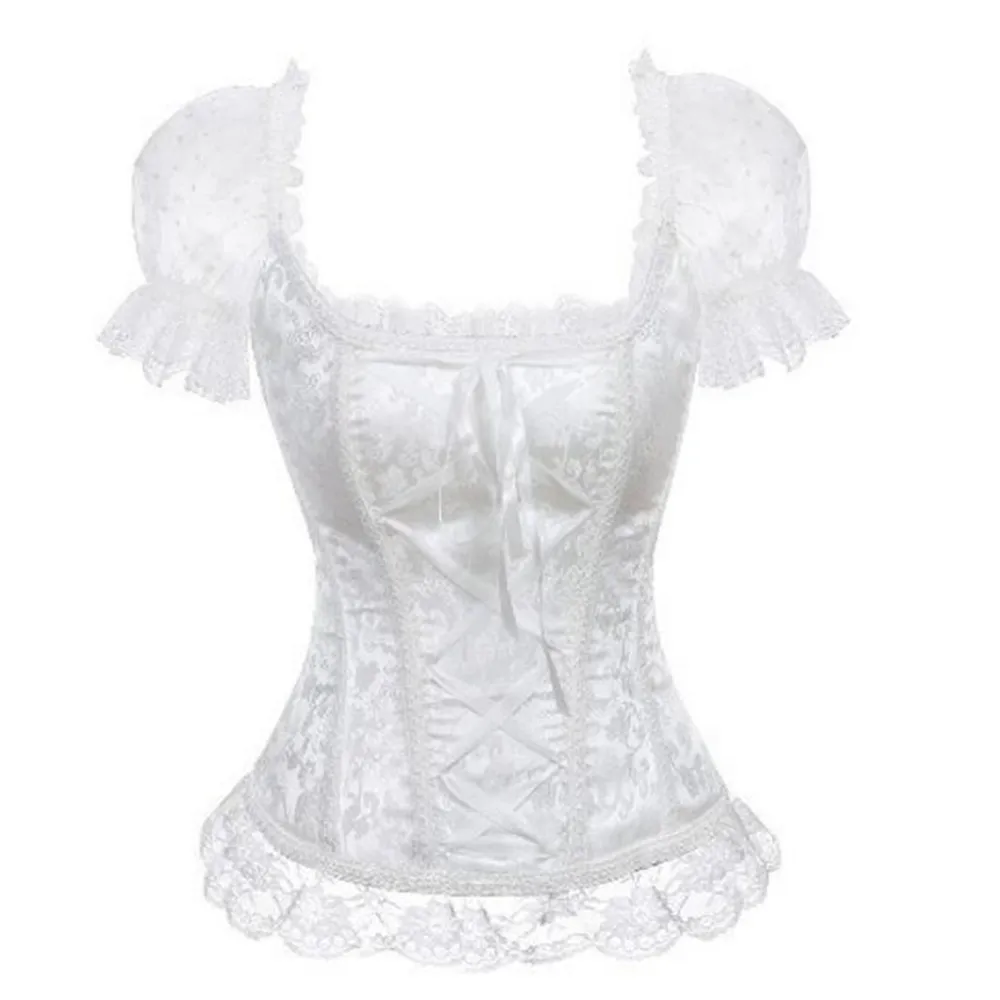Seksowny gotycki kostium księżniczki z krótkimi rękawami zasznurowany gorset obcisły Top bez kości gorset Waist Trainer bielizna Overbust gorsety urządzenie do modelowania sylwetki