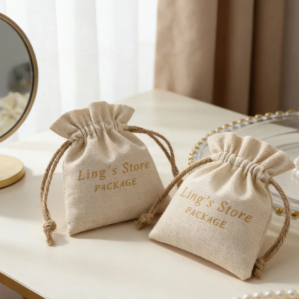 

100Pcs Personalized Logo Muslin Cotton Jewelry Drawstring Bag Canvas Pouches Cosmetic Packaging Wedding Favors Perfume Organizer