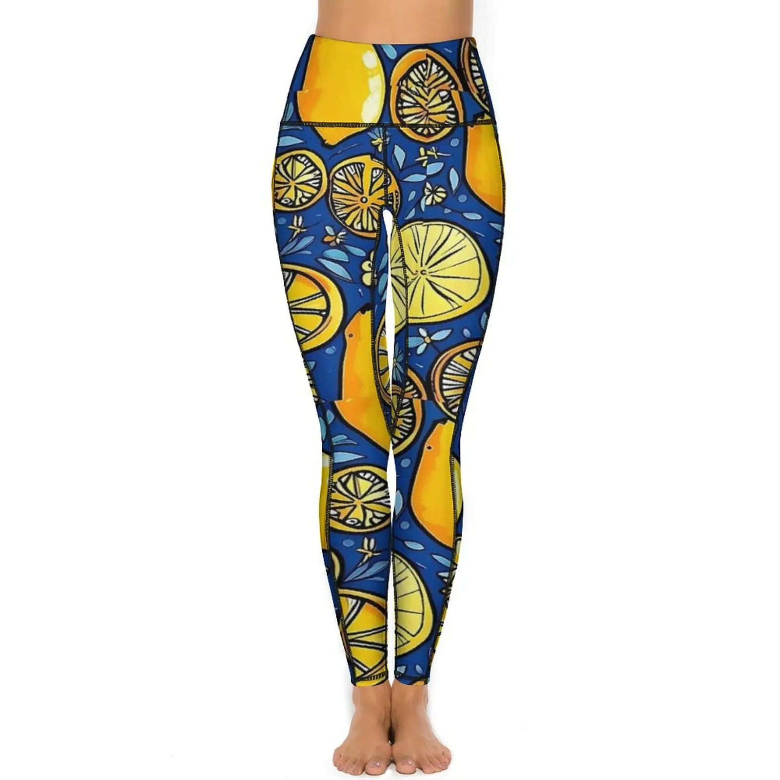 Lemon And Floral Leggings Fruit Print Gym Yoga Pants Push Up Vintage Sport Pants Pockets Elastic Design Yoga Legging