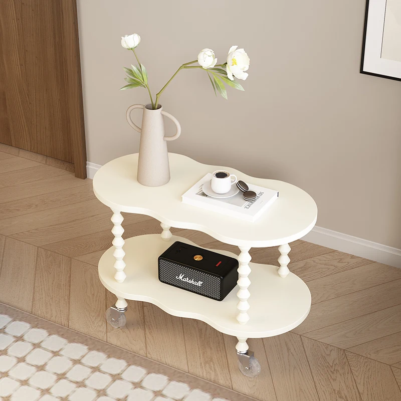 

Medieval French cream wind movable side solid wood trolley sofa side coffee with wheels living room bedside table