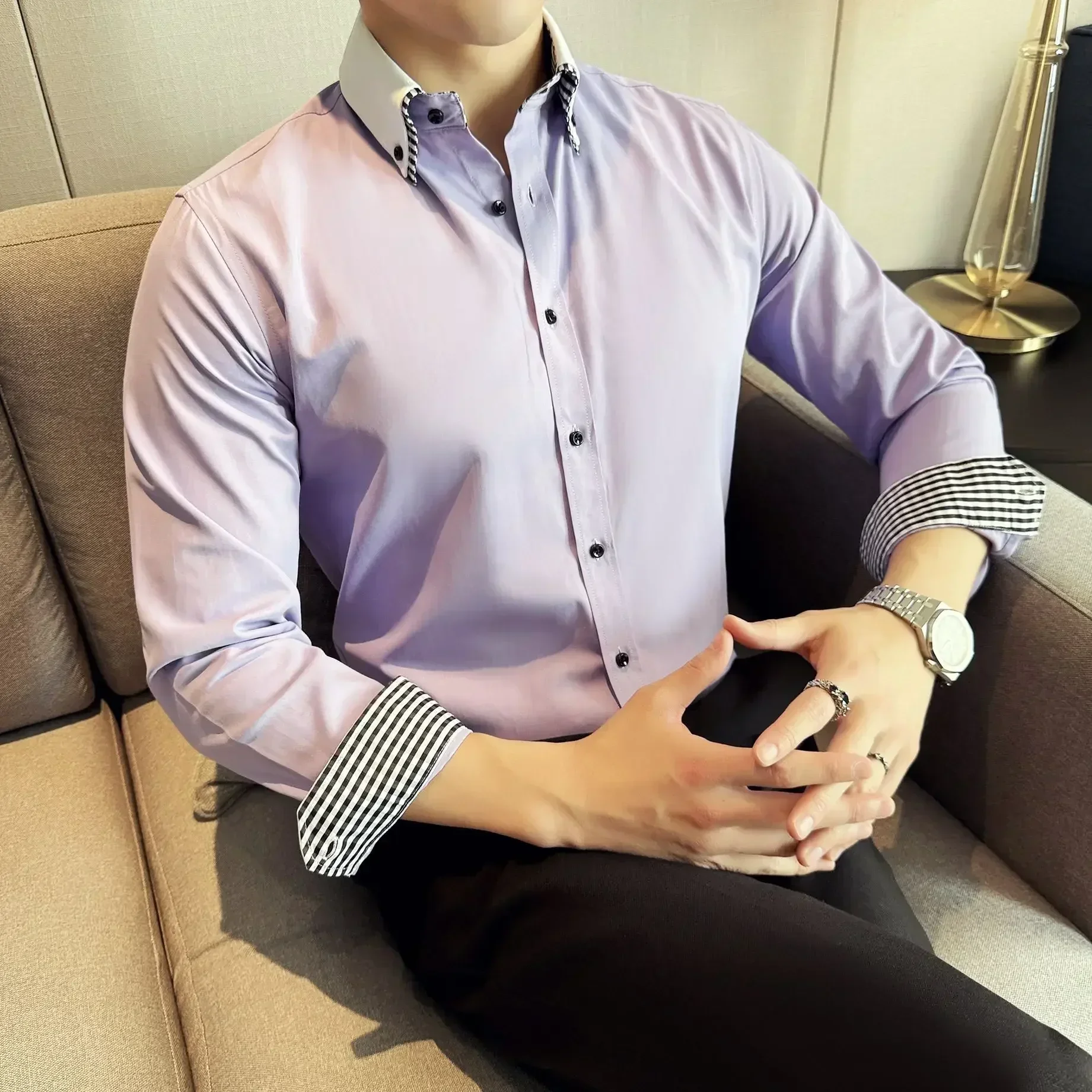 W247 Color block collar handsome shirt trendy groomsman dress