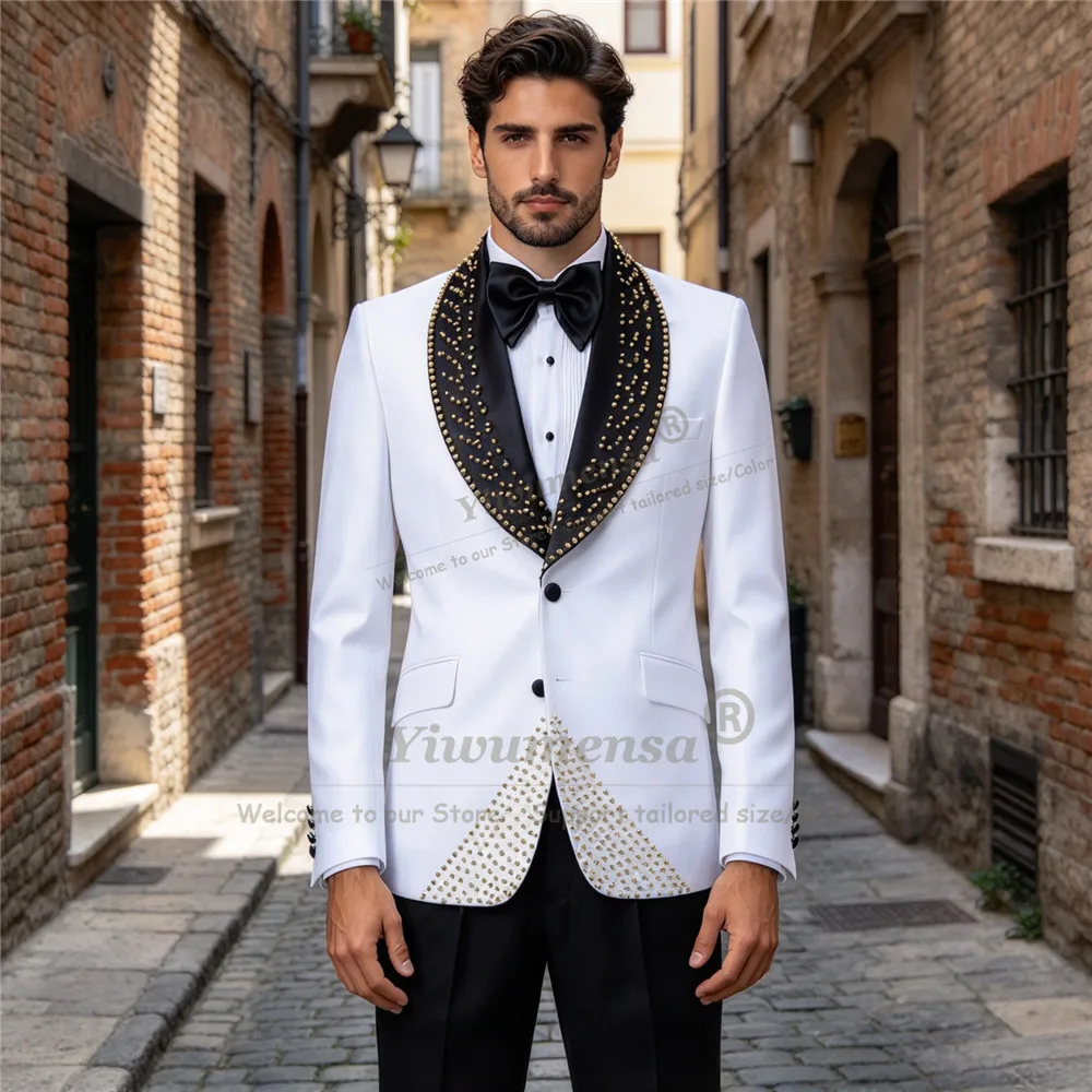 Classic Man Suits For Anniversary Ceremony Gold Stones Black Shawl Lapel Prom Blazer Pants 2 Piece Set Man Banquet Tuxedo Attire