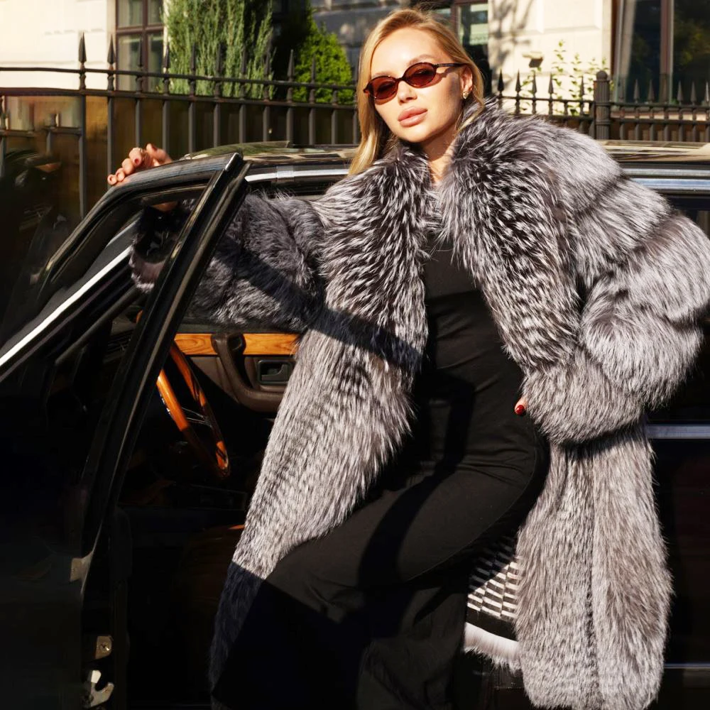 Long Real Silver Fox Fur Jacket Lapel Collar Women Winter Fashion Natural Silver Fox Fur Coat Female Thick Warm Fur Overcoats