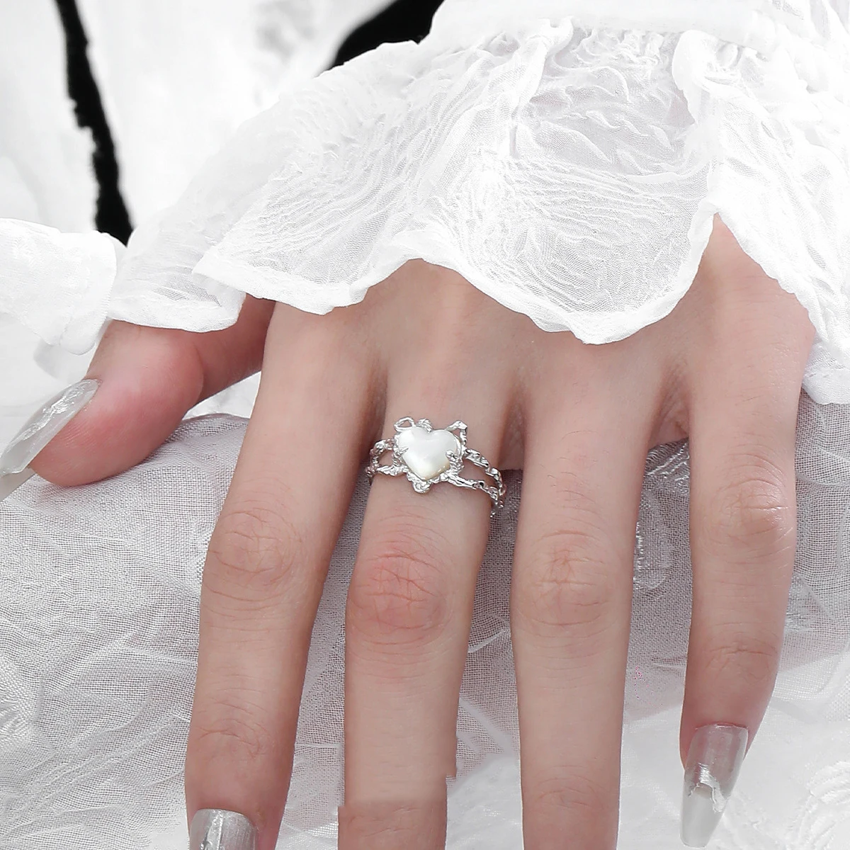 F.I.N.S الملمس على شكل قلب S925 فضة خاتم الحد الأدنى نمط غير النظامية الحب القلب مفتوحة قابل للتعديل فنجر غرامة مجوهرات #5