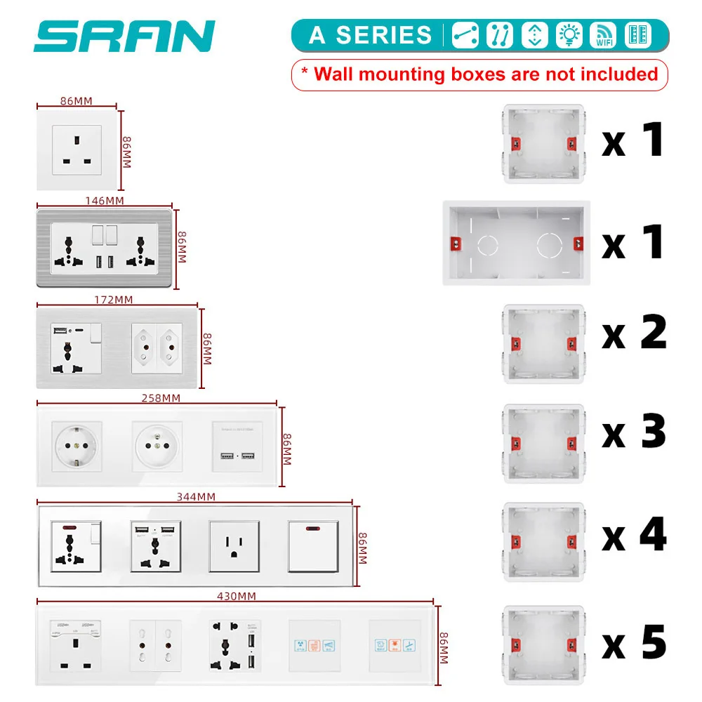 SRAN Wall Electrical Socket and Switch UK 3pin plug 13A, 86*89/146mm Plastic Panel, Universal Electrical Outlets with usb