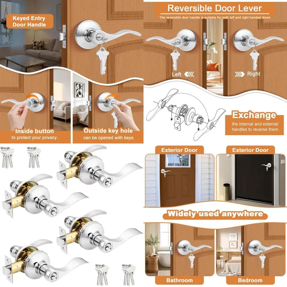 

Chrome Door Handles with Lock, Keyed Alike, 4-Piece Set, Wave Style, Reversible Front Exterior