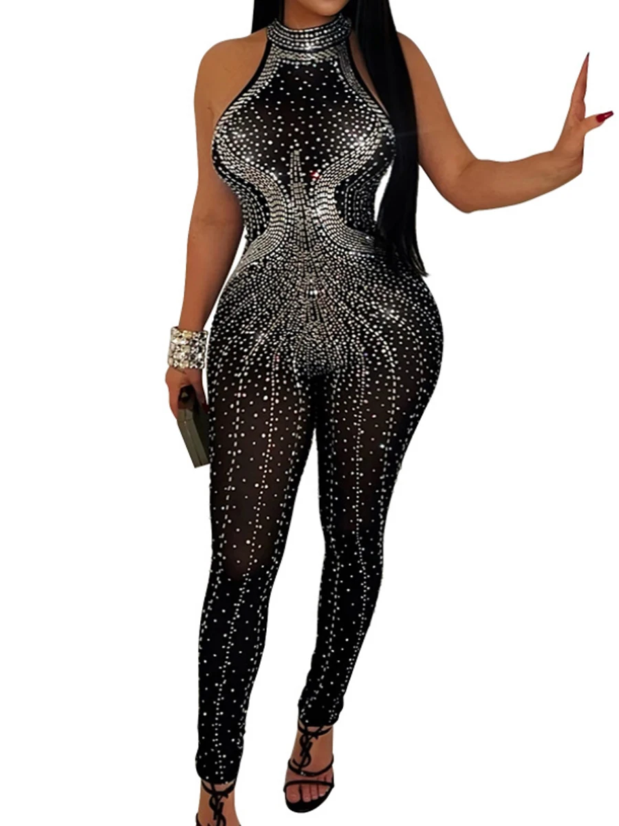 

Sexy Rhinestone Halter Sheer Mesh Jumpsuits Sleeveless Shiny Playsuits