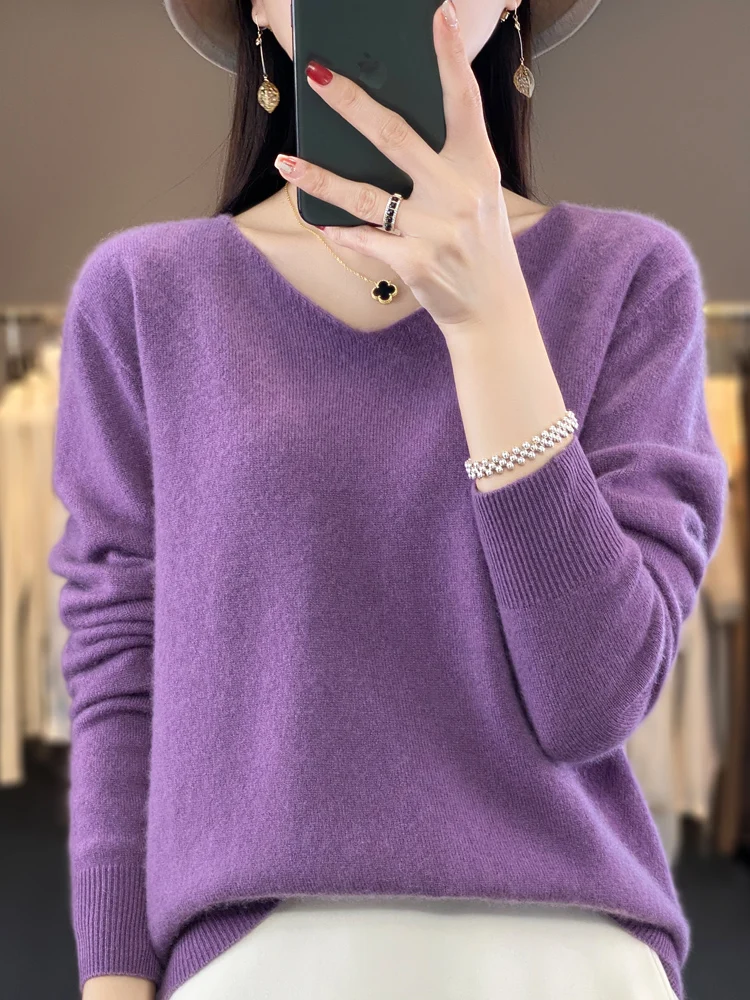 Autumn Winter Women Clothing Pullovers Aliselect New Fashion 100% Merino Wool Sweater V-Neck Long Sleeve Quality Knitwears Tops