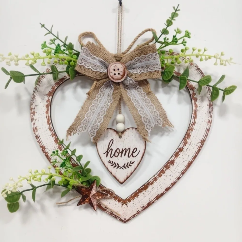 Vintage Heart Shaped Wall Decor Rustic Artificial Plant Rustic Heart Ornament Romantic Bow Knot Wall Hanging Sign Home Decor