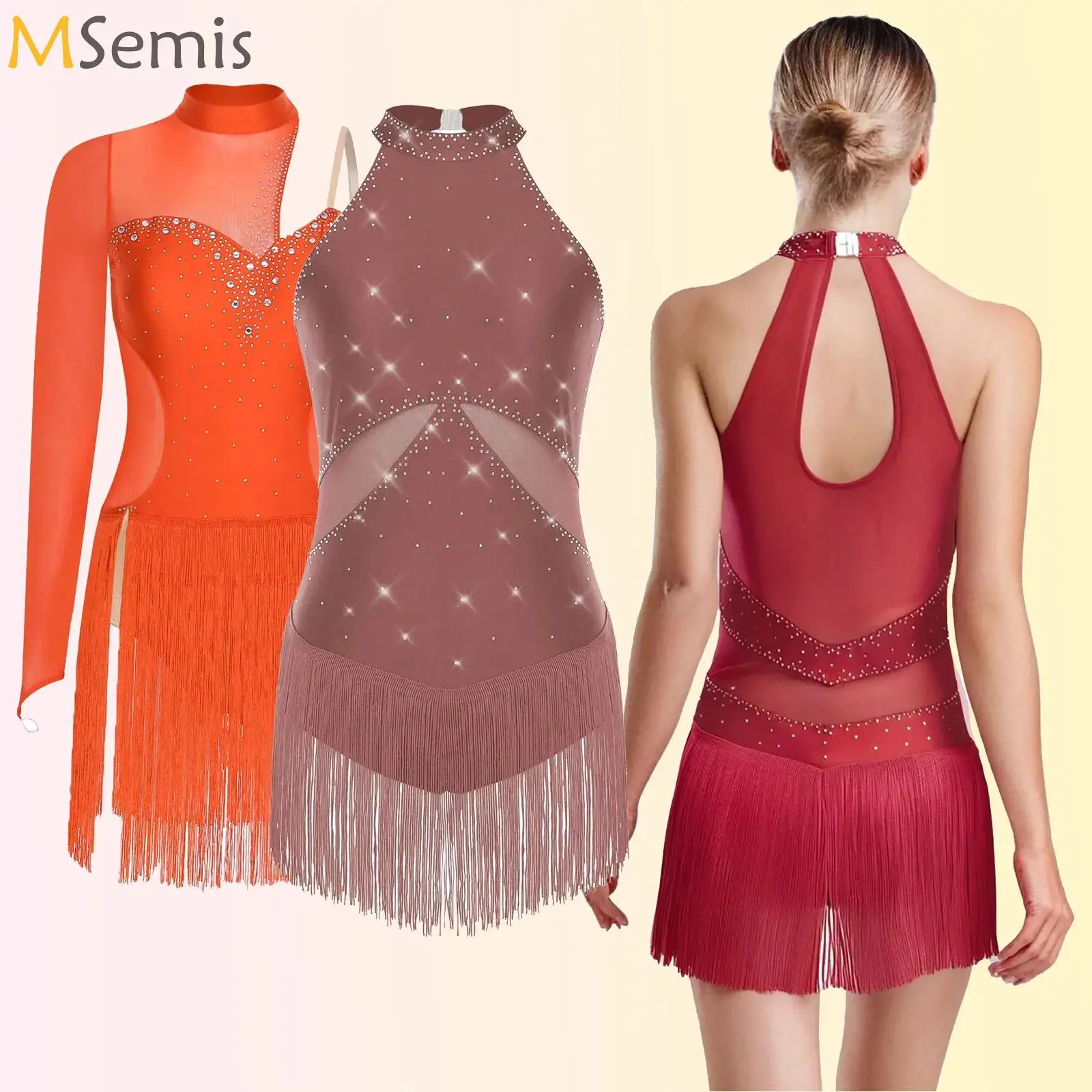 

Women Latin Tango Dance Performance Costume Sheer Mesh Sparkling Rhinestones Fringed Dress Figure Skating Ballet Jazz Dancewear